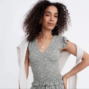 Madewell Lucie V-Neck Smocked Top in Green Cottage Garden Size 8 NWT